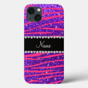 Custom name hot pink zebra stripes purple glitter iPhone 13 case