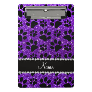 Custom name indigo purple glitter black dog paws mini clipboard