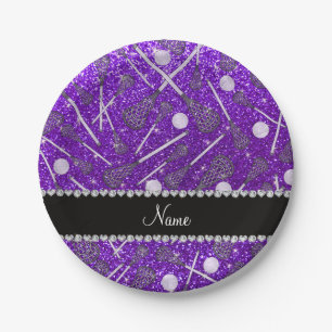 Custom name indigo purple glitter lacrosse sticks paper plate