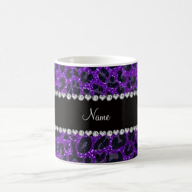 Custom name indigo purple glitter leopard print coffee mug (Center)
