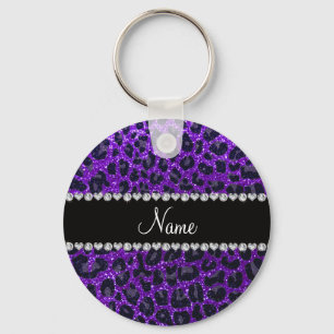 Custom name indigo purple glitter leopard print key ring