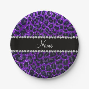 Custom name indigo purple glitter leopard print paper plate