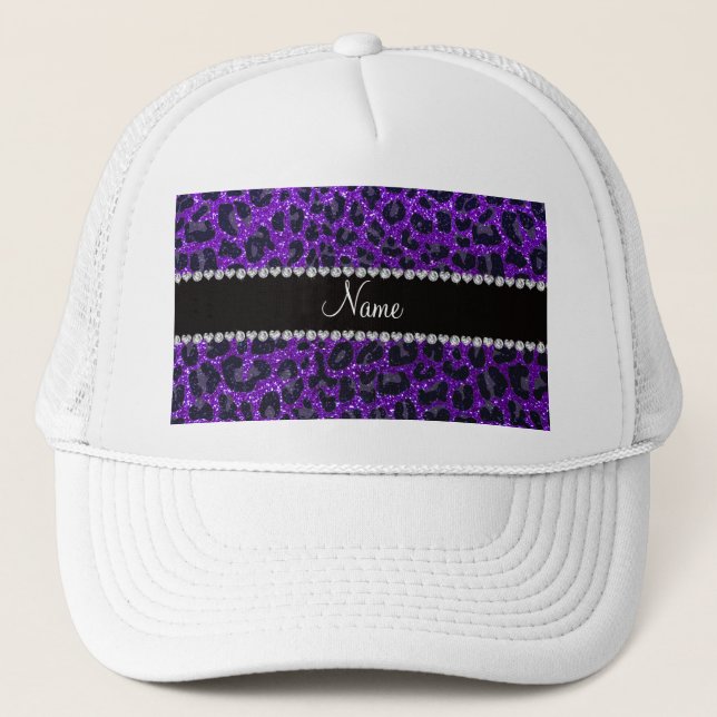 Custom name indigo purple glitter leopard print trucker hat (Front)