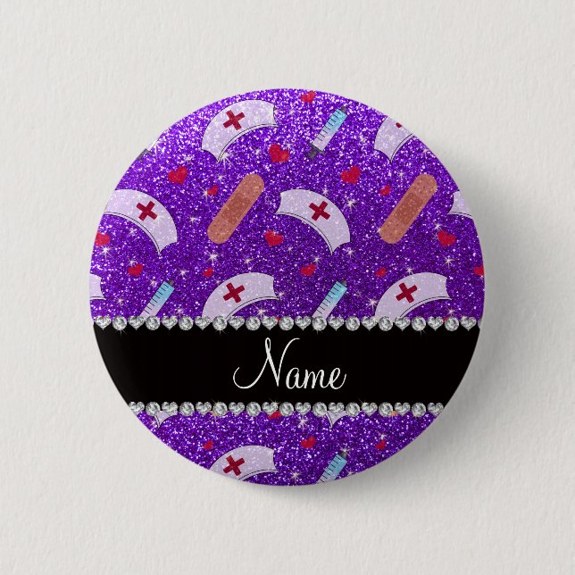 Custom name indigo purple glitter nurse hats heart 6 cm round badge (Front)