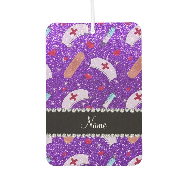 Custom name indigo purple glitter nurse hats heart car air freshener (Front)