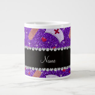Custom name indigo purple glitter nurse hats heart large coffee mug
