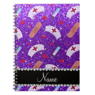 Custom name indigo purple glitter nurse hats heart spiral notebook