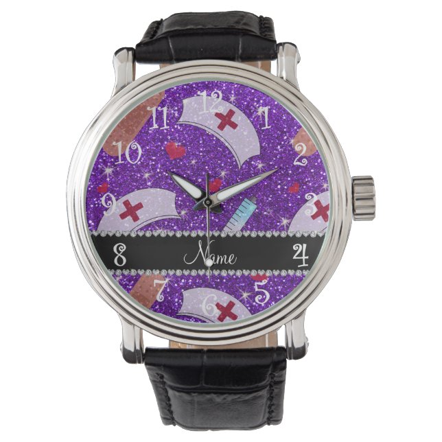 Custom name indigo purple glitter nurse hats heart watch (Front)