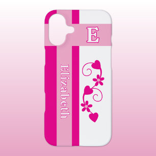 Custom name initial flowers hearts pink iPhone 16 plus case