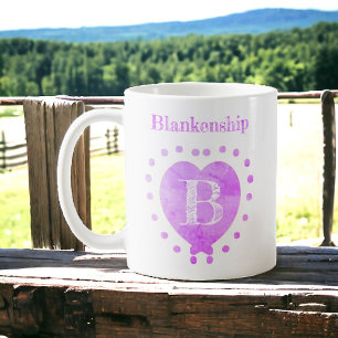 Custom Name Initial Polka Dot Purple Heart Coffee Mug