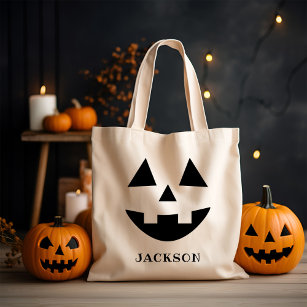 Custom Name Jack O Lantern Pumpkin Face Halloween Tote Bag