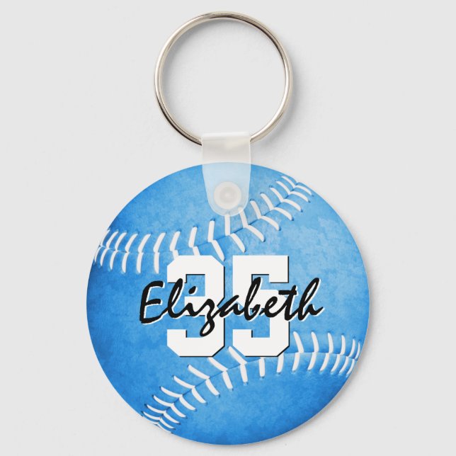 custom name jersey number girls blue softball key ring (Front)