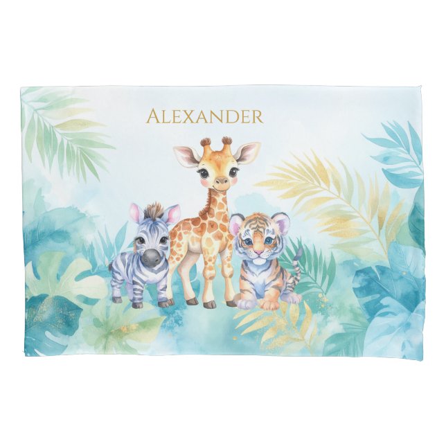 Custom Name Jungle Baby Zebra Giraffe and Tiger Pillowcase (Front)