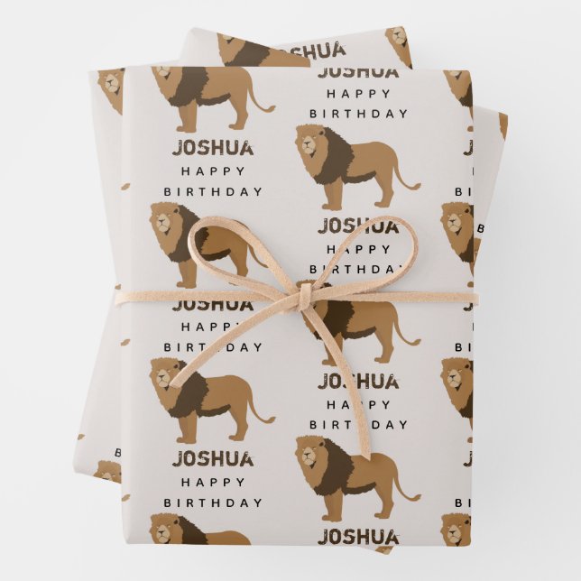 Custom Name Jungle Lion Animal Birthday Wrapping Paper Sheet (In situ)