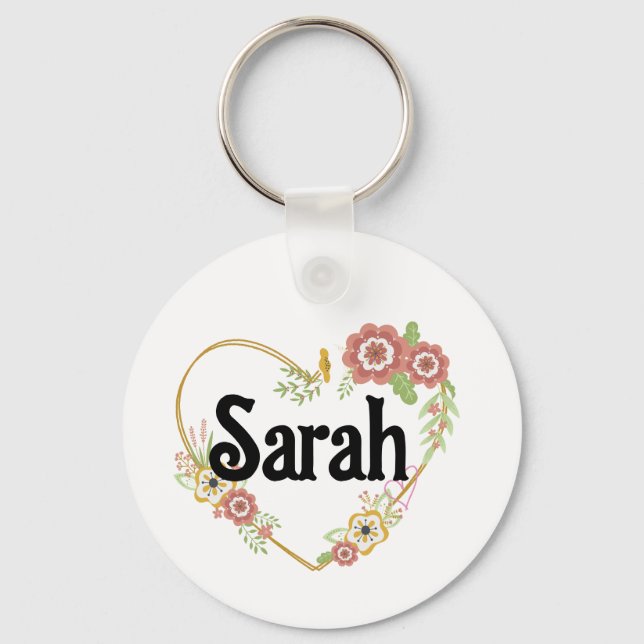 Custom Name Keychain Heart Flower Wreath Personal (Front)