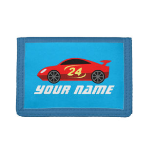 Custom name kid's wallet with toy racecar design