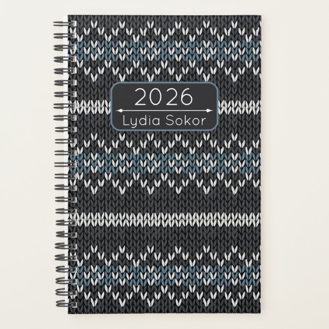 Custom Name Knit Grey and Blue Planner (Front)