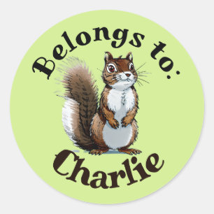 custom name label, cute squirrel classic round sticker