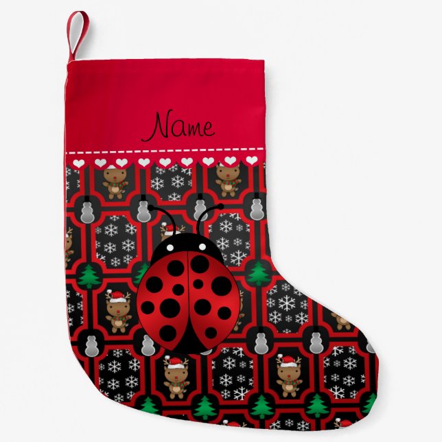Custom name ladybug black snowmen reindeer small christmas stocking (Front)