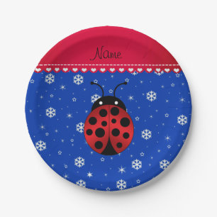 Custom name ladybug blue snowflakes red stripe paper plate