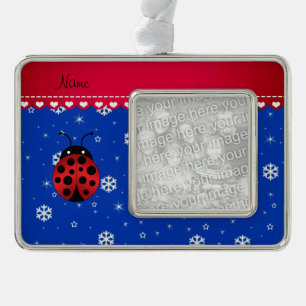 Custom name ladybug blue snowflakes red stripe silver plated framed ornament