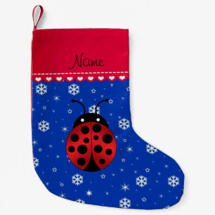 Custom name ladybug blue snowflakes red stripe small christmas stocking