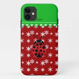 Custom name ladybug red snowflakes green stripe iPhone 11 case