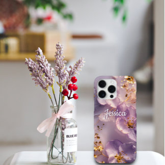 Custom Name Lavender Floral Gold Personalised iPhone 16 Pro Max Case