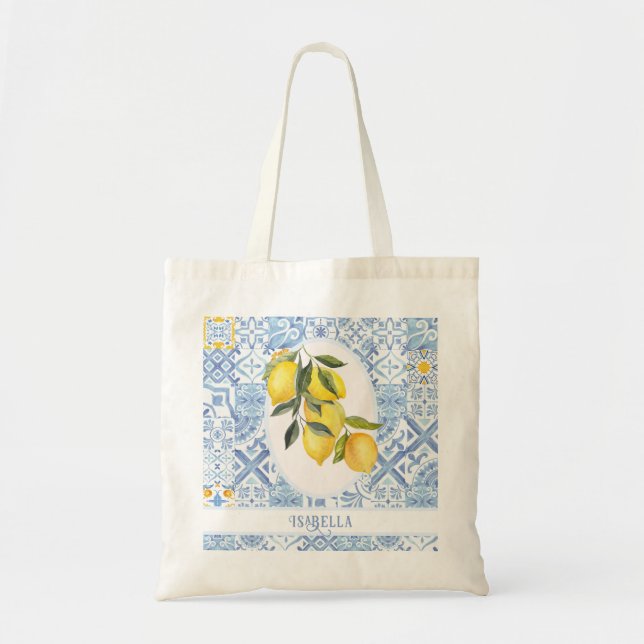 Custom name, lemon on blue tiles Italian inspired Tote Bag (Front)