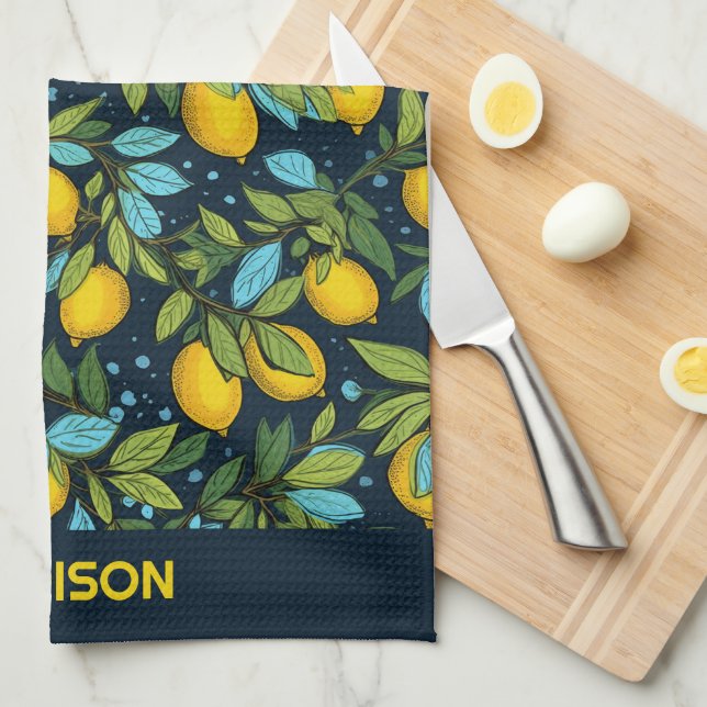 Custom Name Lemon Pattern Tea Towel (Quarter Fold)