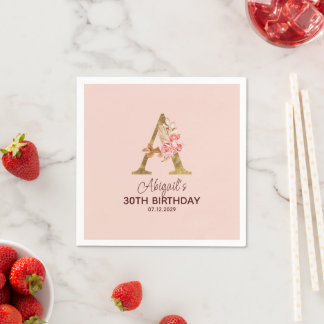 Custom Name Letter A Gold Blush Pink Roses Napkin