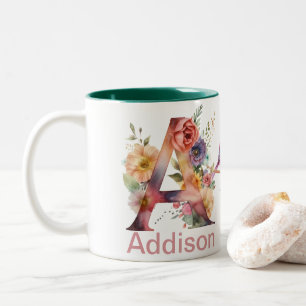 Custom Name Letter A Monogram Floral Bird Design Two-Tone Coffee Mug