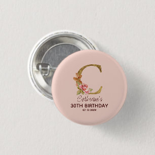 Custom Name Letter C Gold Blush Pink Roses Button