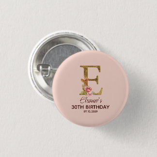 Custom Name Letter E Gold Blush Pink Roses Button