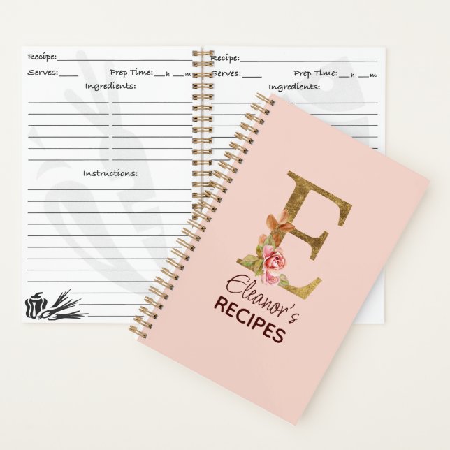 Custom Name Letter E Gold Blush Pink Roses Recipe Notebook (Inside)