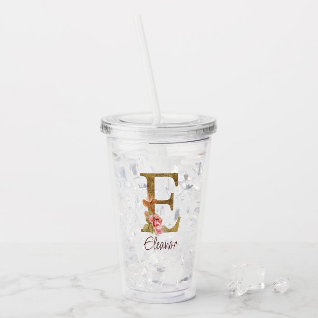 Custom Name Letter E Gold Foil Blush Pink Roses Acrylic Tumbler (Front Ice)
