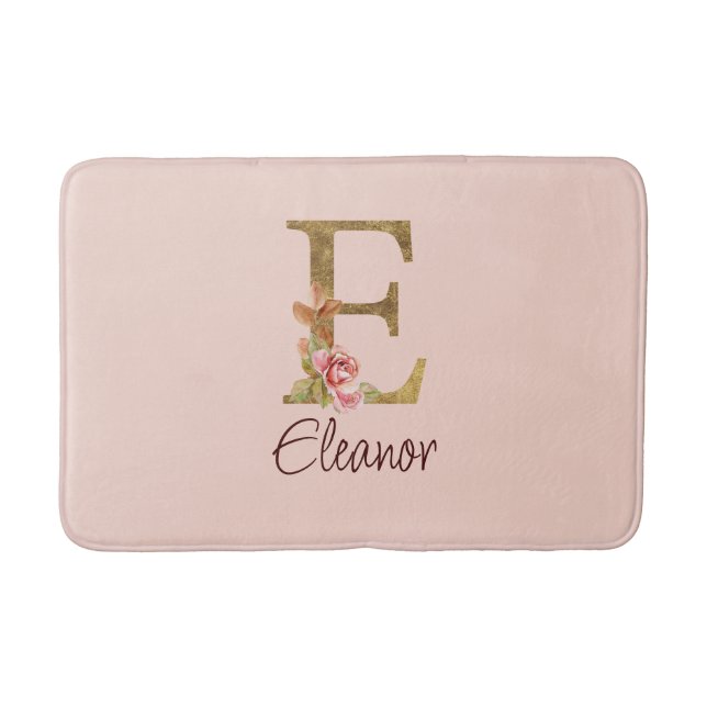 Custom Name Letter E Gold Foil Blush Pink Roses Bath Mat (Front)