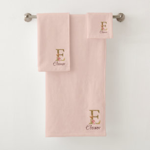 Custom Name Letter E Gold Foil Blush Pink Roses Bath Towel Set