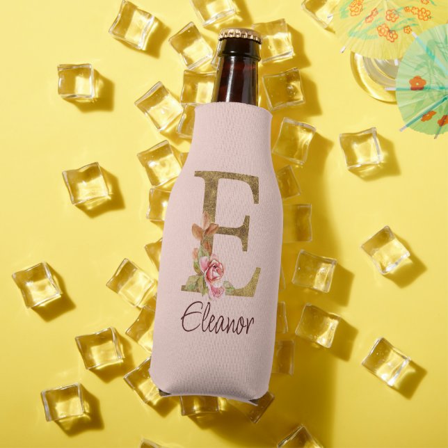 Custom Name Letter E Gold Foil Blush Pink Roses Bottle Cooler (In Situ Summer)