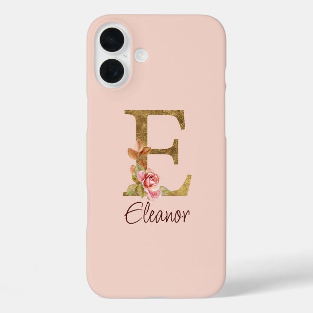 Custom Name Letter E Gold Foil Blush Pink Roses Case-Mate iPhone Case (Back)