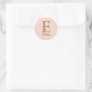 Custom Name Letter E Gold Foil Blush Pink Roses Classic Round Sticker