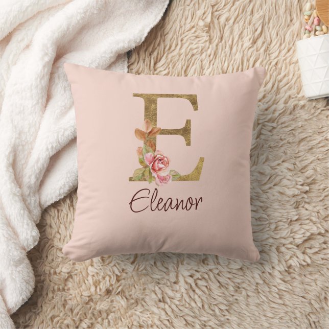 Custom Name Letter E Gold Foil Blush Pink Roses Cushion (Blanket)