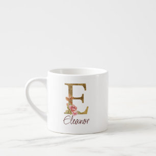 Custom Name Letter E Gold Foil Blush Pink Roses Espresso Cup