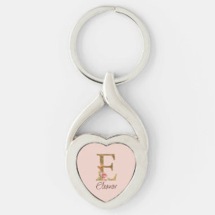 Custom Name Letter E Gold Foil Blush Pink Roses Key Ring