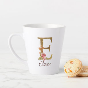 Custom Name Letter E Gold Foil Blush Pink Roses Latte Mug