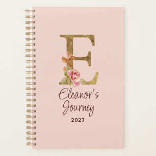 Custom Name Letter E Gold Foil Blush Pink Roses Planner