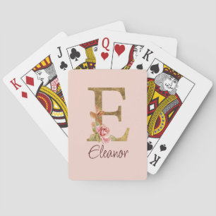 Custom Name Letter E Gold Foil Blush Pink Roses Playing Cards