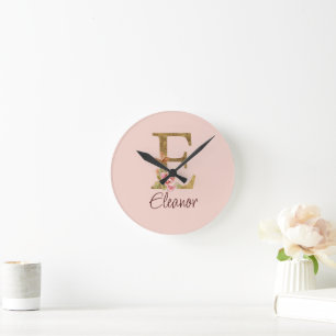 Custom Name Letter E Gold Foil Blush Pink Roses Round Clock