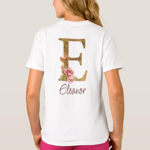 Custom Name Letter E Gold Foil Blush Pink Roses T-Shirt