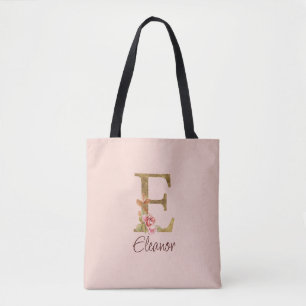 Custom Name Letter E Gold Foil Blush Pink Roses Tote Bag